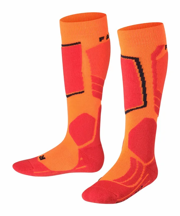 Orange-rote Falke SK2 Kinder Skiing Kniestrümpfe mit Polsterung, Frontansicht.