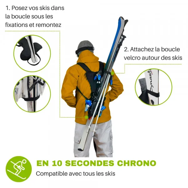 Person mit Skiern auf dem Rücken, getragen durch den Skiback Cordura Light, Nahaufnahme.