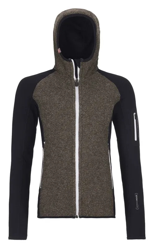 Hoody Fleece Jacke, gestrickt, mit Kapuze und durchgehendem, weißen Reißverschluss. Die Ärmel sind schwarz.
