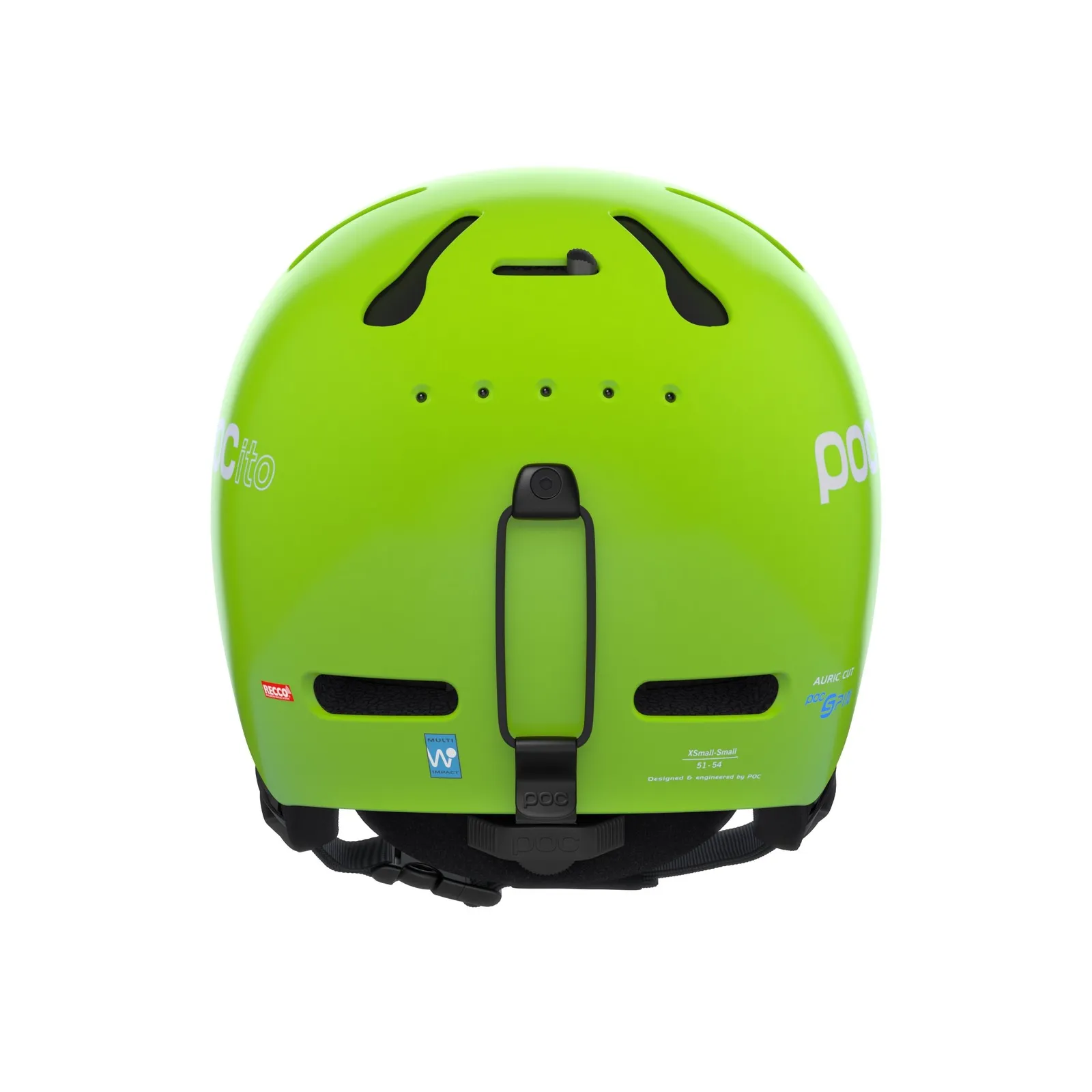 Grüner POC Pocito Auric Cut SPIN Skihelm von hinten, mit Belüftungslöchern und Markenlogos.
