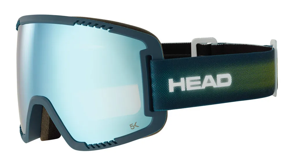 Blaue Head Contex Pro 5K Skibrille, seitliche Ansicht. Der Riemen ist dunkelblau mit gelbem Farbverlauf.