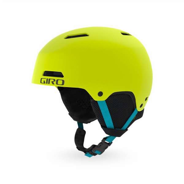 Gelber Giro Crüe JR Skihelm mit schwarzem Logo und Kinnriemen Details.