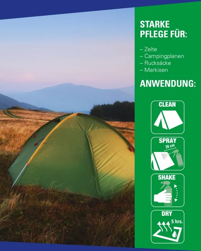 Ein grünes Zelt steht auf einer Wiese vor einer Bergkette. Rechts daneben Anwendungs-Symbole und Text zur Pflege von Zelten.