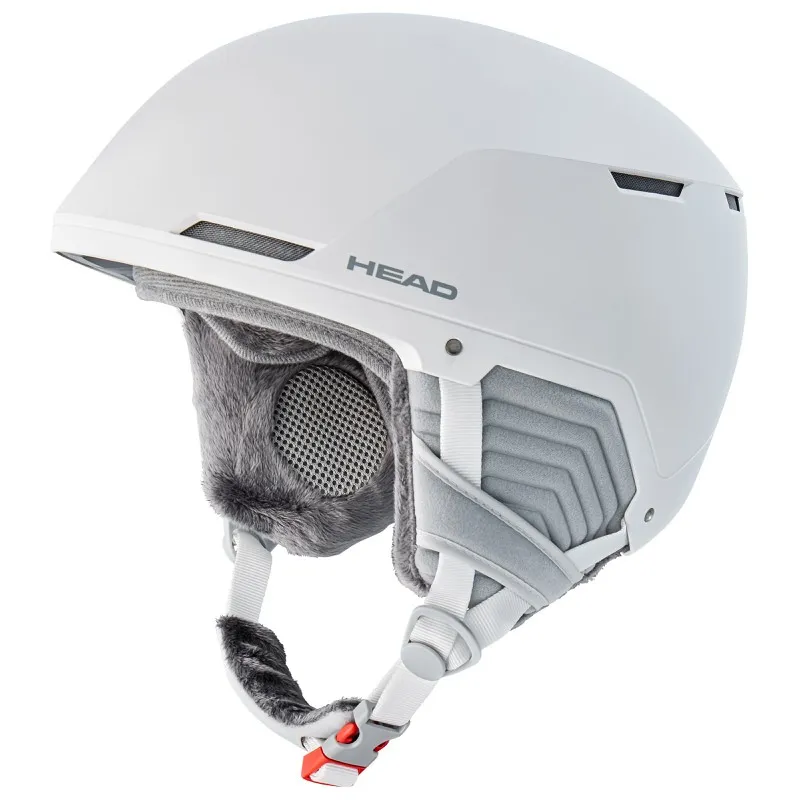 Weißer Skihelm Head Compact Pro W mit Ohrenschützern und Kinnriemen in der Nahaufnahme.