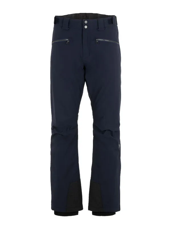 Marineblaue J.Lindeberg Truuli Skihose für Herren, Frontansicht, mit Reißverschlusstaschen und verstärktem Beinabschluss.
