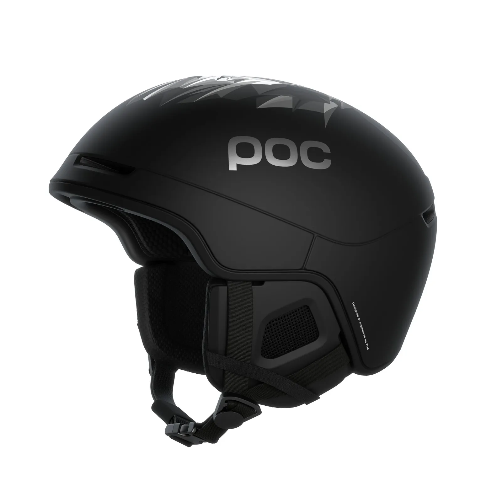 Schwarzer Skihelm "POC Obex Pure Odermatt Ed." mit Löwenmuster und POC-Logo, Seitenansicht, Kinnriemen sichtbar.