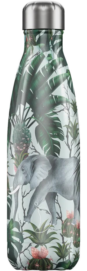 Trinkflasche mit Tropenmuster: Elefant, Blätter, Ananas, Kaktus und silbernem Deckel.