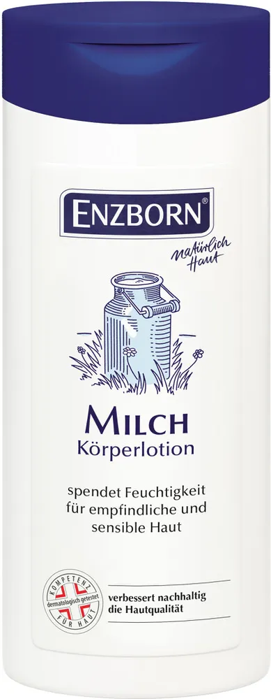 Weiße Flasche Milch Körperlotion mit blauem Deckel und blauem Etikett.