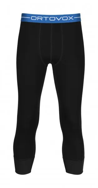 Schwarze, knielange Merino Supersoft Short Pants Men mit blauem Bund und Ortovox-Logo.