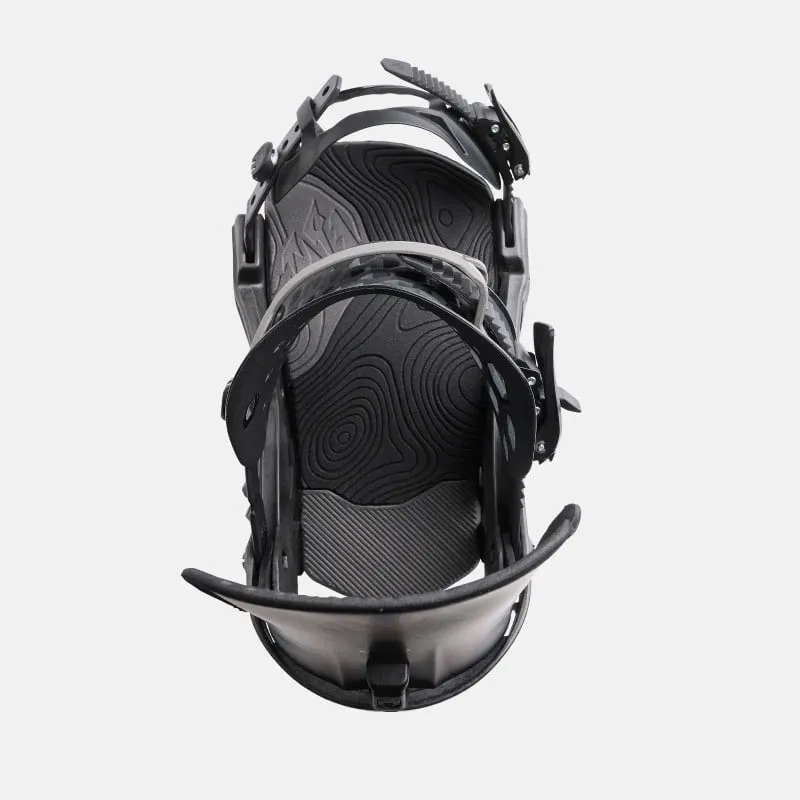 Schwarze Jones Apollo Pro Snowboardbindung, von oben fotografiert, zeigt Details wie Riemen und Fußbett.