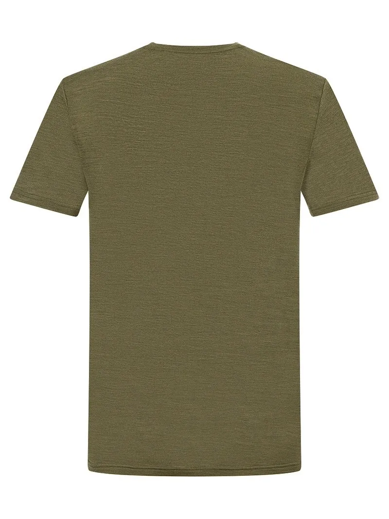 Olivfarbenes Herren T-Shirt, Hiking Shirt, Rückansicht, Merinomix-Material, kurze Ärmel.