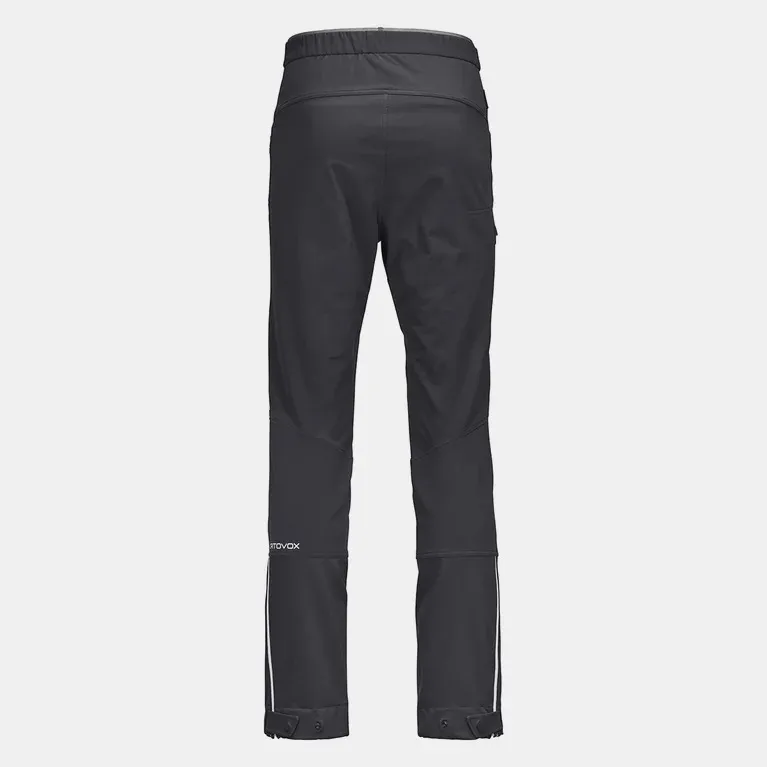Schwarze Ortovox COL BECCHEI Pants für Herren, Rückansicht, mit weißem Logo und Streifen am Bein.