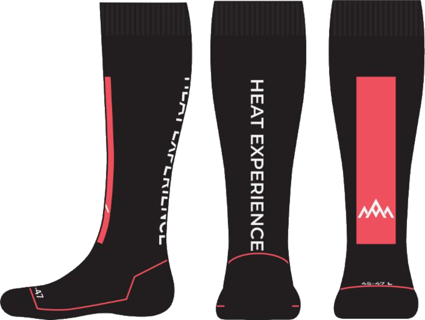 Drei Ansichten einer schwarzen, beheizten Skisocke mit rotem Akzent und "Heat Experience"-Schriftzug.
