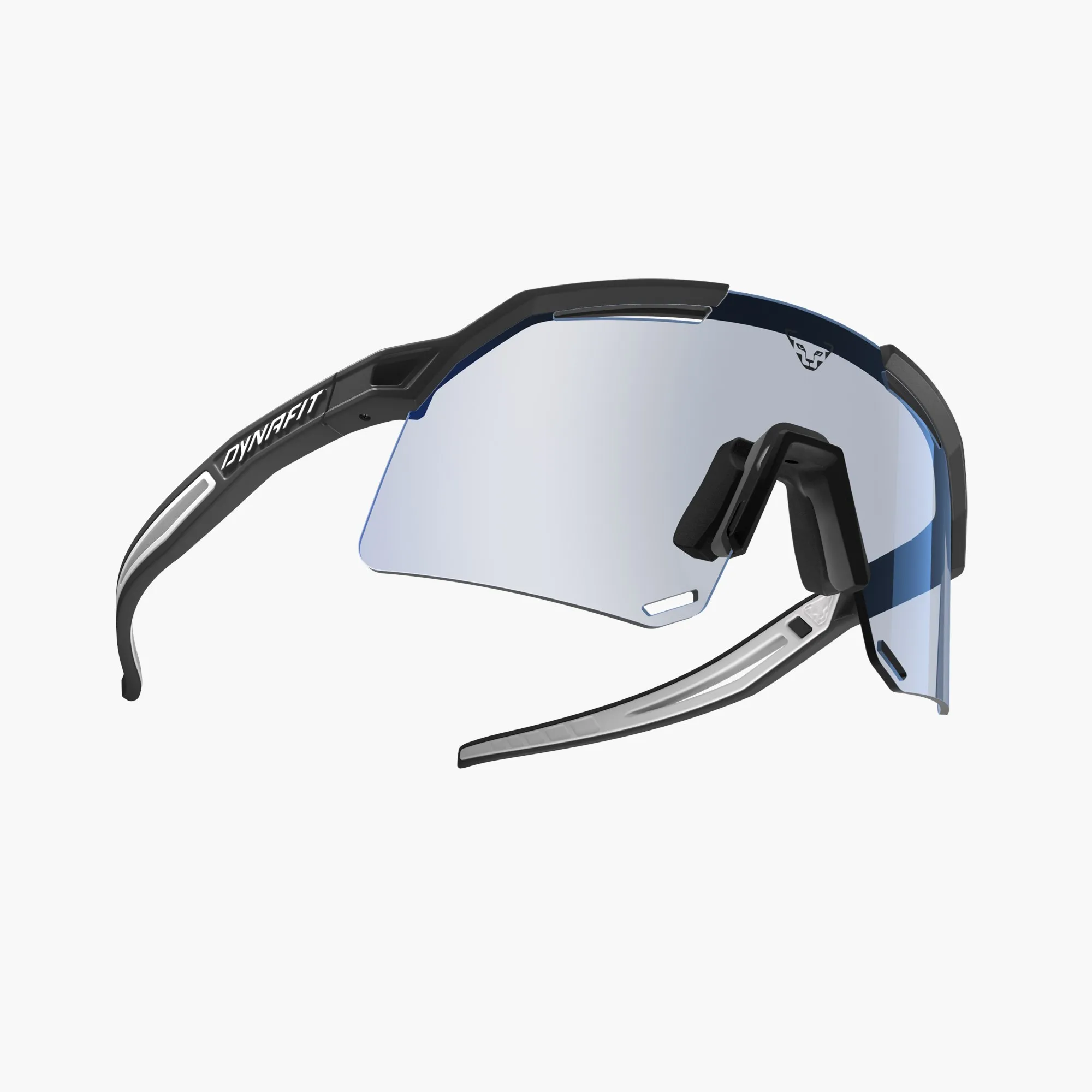 Eine Dynafit Ultra Pro Sonnenbrille mit schwarzem Rahmen und farblosen Gläsern, seitliche Ansicht.