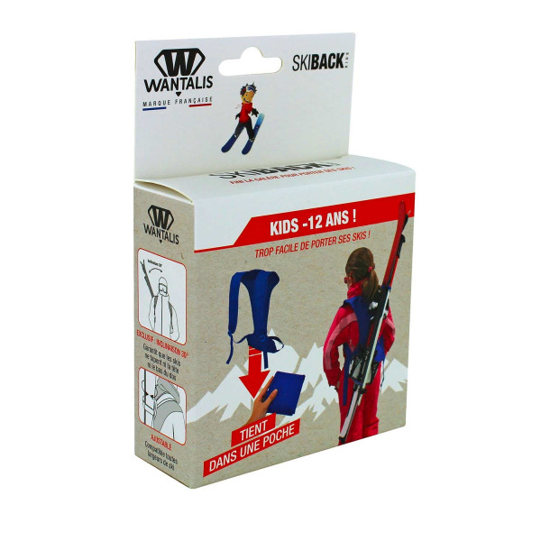 Verpackung des Skiback Kids Blue: Kind mit Skiern auf dem Rücken, blaue Gurte und Hand, die Tasche hält.