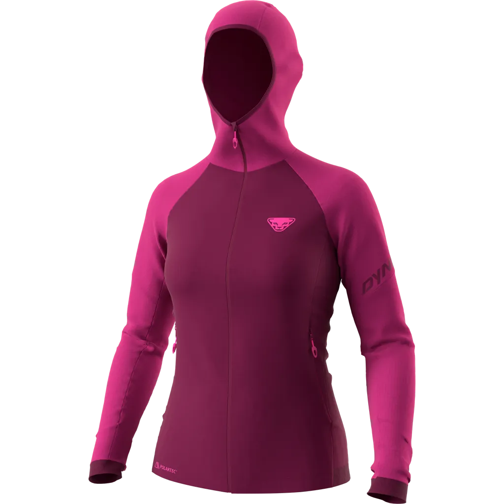 Flamingo farbene Damen Kapuzenjacke aus Polartec® Fleece mit durchgehendem Reißverschluss und Kapuze.