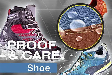 Imprägnierte Schuhe, Textilien perlen Wasser ab. "Proof & Care Shoe" Schriftzug im Vordergrund. Sportschuhe und Detailaufnahme.