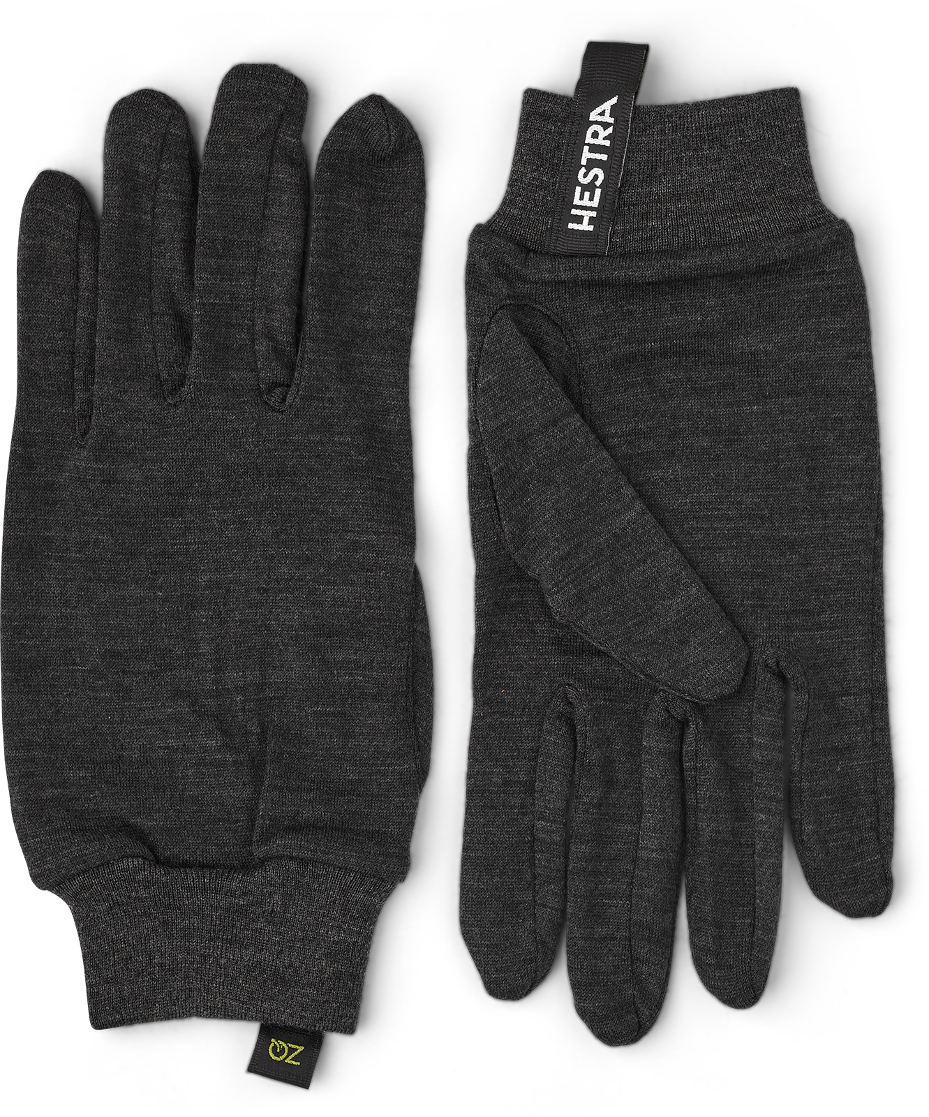 Graue Merino Wool Liner Active Innenhandschuhe von Hestra, flach liegend mit Markenkennzeichnung.