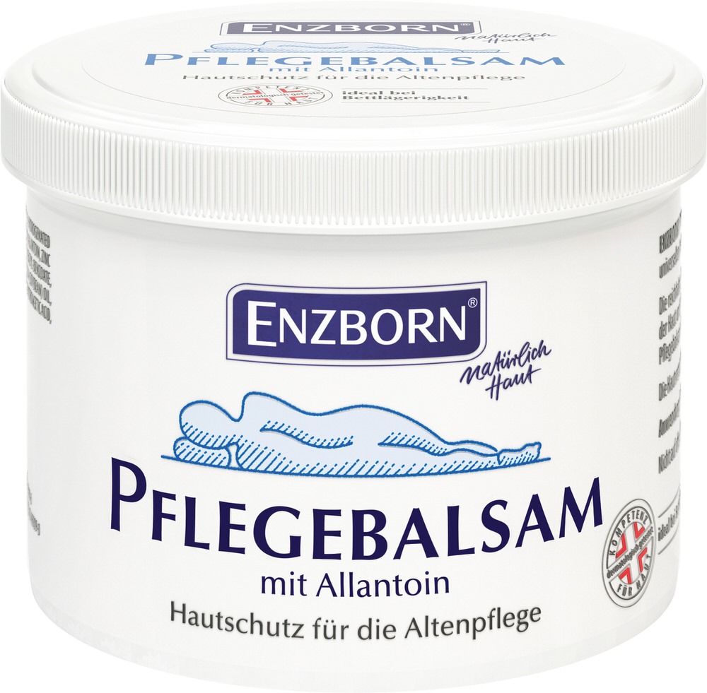 Weißer Tiegel Pflege-Balsam 500ml von ENZBORN mit blauem Schriftzug und liegender Person.