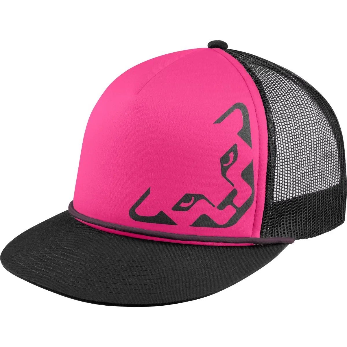 Pinke Dynafit Trucker Cap mit schwarzem Schirm, Mesh-Einsatz und Markenlogo als Aufdruck.