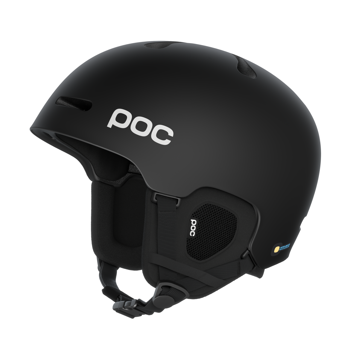 Schwarzer, matter POC Fornix Skihelm, seitliche Ansicht mit Belüftungsöffnungen und Kinnriemen.
