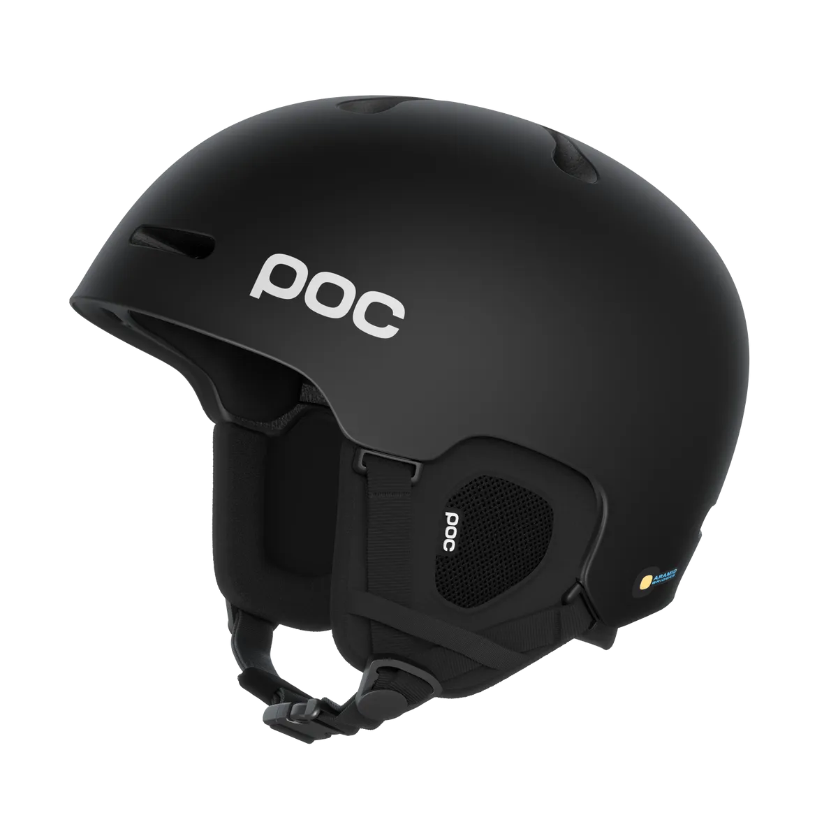 Schwarzer, matter POC Fornix Skihelm, seitliche Ansicht mit Belüftungsöffnungen und Kinnriemen.