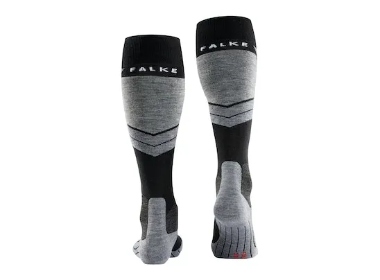 Zwei Falke SK4 Skiing Kniestrümpfe, Rückansicht, mit grauem, schwarzem Design und Falke-Logo.