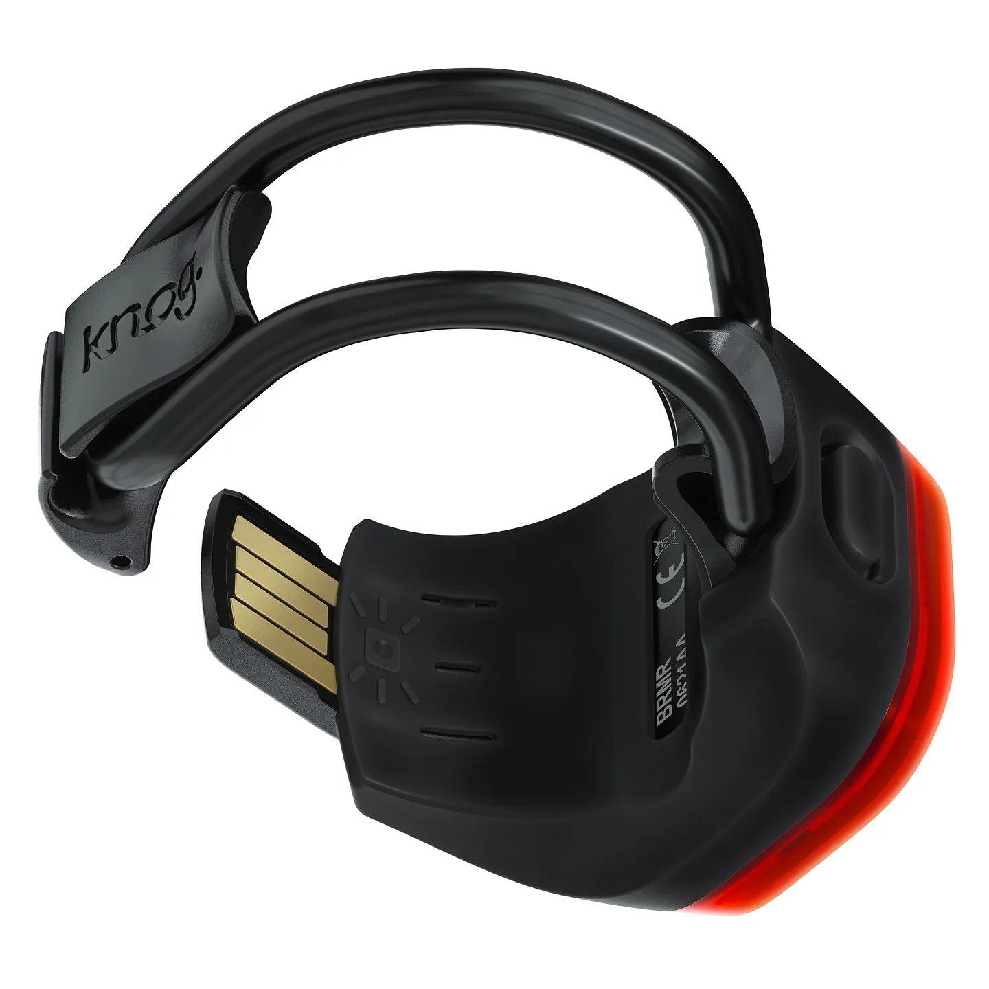 Schwarzes Mini Skull Rücklicht mit Silikonband und integriertem USB-Anschluss. Rücklicht leuchtet rot.