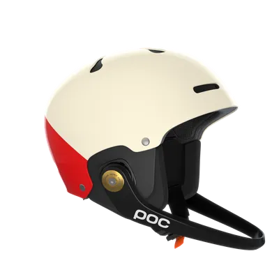 Elfenbeinfarbener Skihelm mit rotem Akzent, schwarzem Gurt und "POC" Logo.