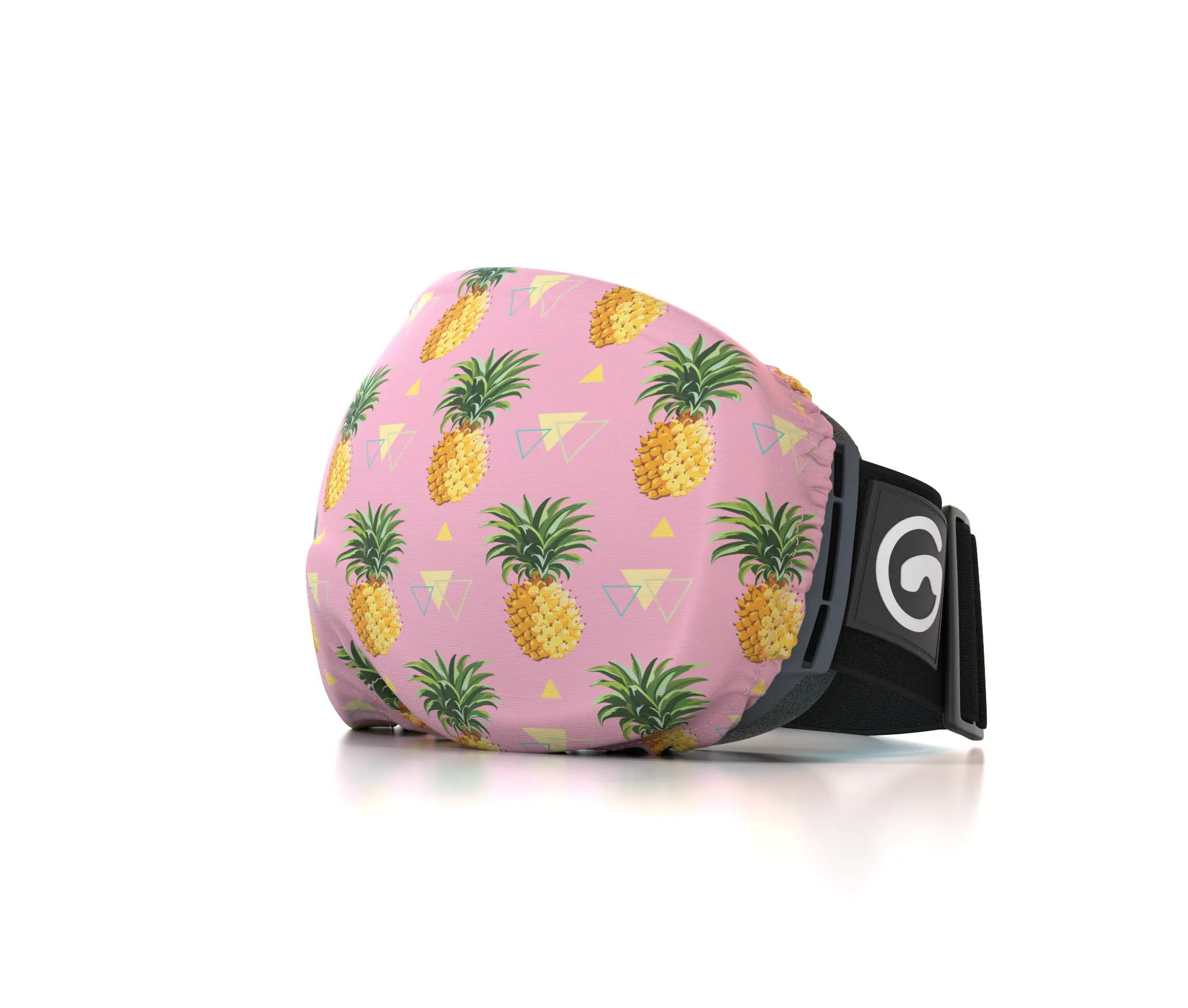 Brillen-Schutzhülle "Piña Soc" mit Ananas- und Dreiecksmuster auf rosafarbenem Grund.