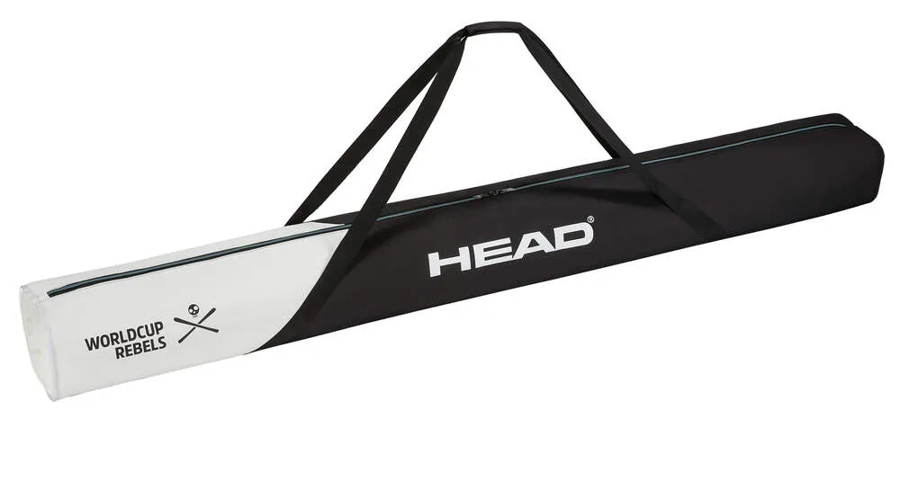 Schwarze Head Rebels Single Skibag mit weißen Details und Tragegurten vor weißem Hintergrund.