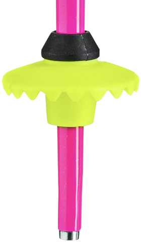 Detailansicht: Leki Racing Kids Skistock, pinker Schaft mit gelbem Teller und Stahlspitze.