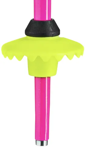 Detailansicht: Leki Racing Kids Skistock, pinker Schaft mit gelbem Teller und Stahlspitze.