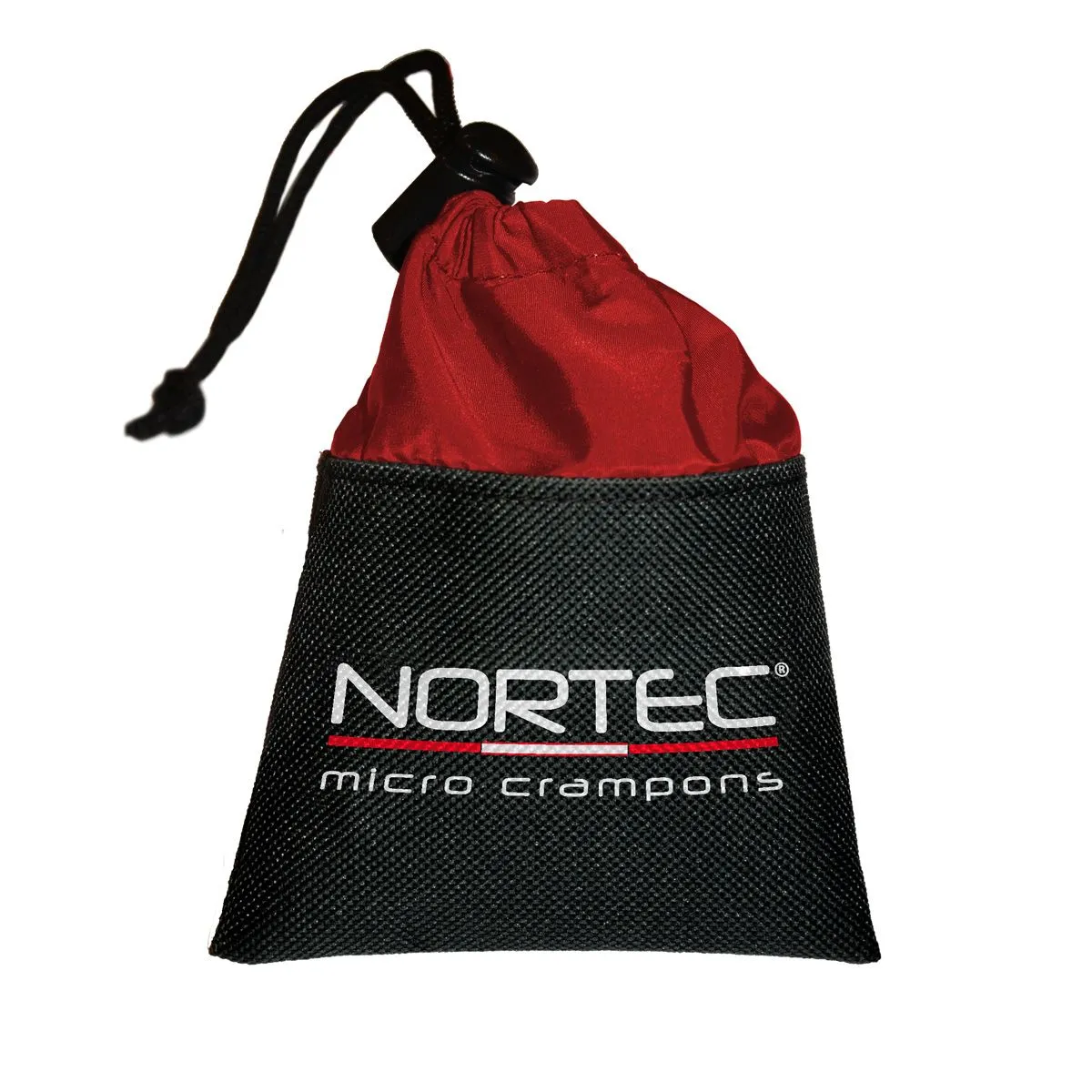 Packtasche der Nortec Easy Schuhkrallen, rot-schwarz mit Kordelzug.