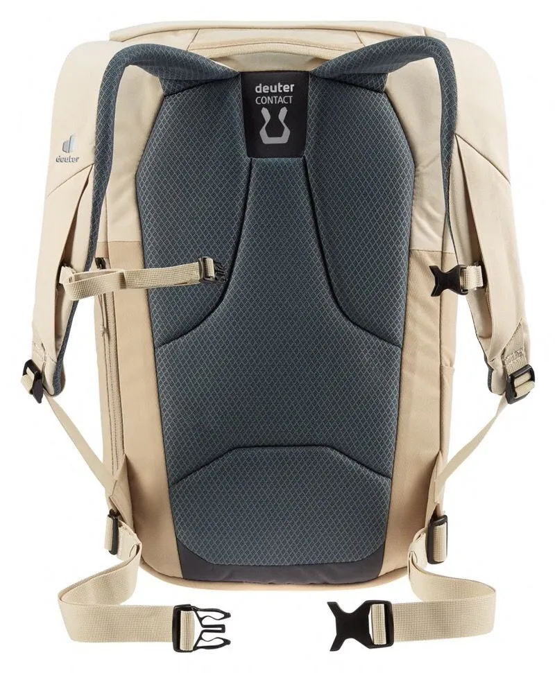 Rückansicht des Deuter UP Sydney Rucksacks in Sand-Bone mit atmungsaktivem Rückenpolster und verstellbaren Gurten.