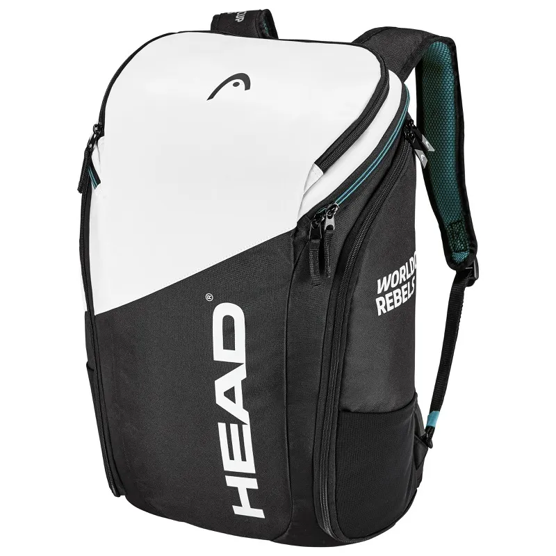 Head Rebels Backpack 2024, schwarz-weißer Rucksack mit Head Logo und Trägern, seitliche Reißverschlüsse.