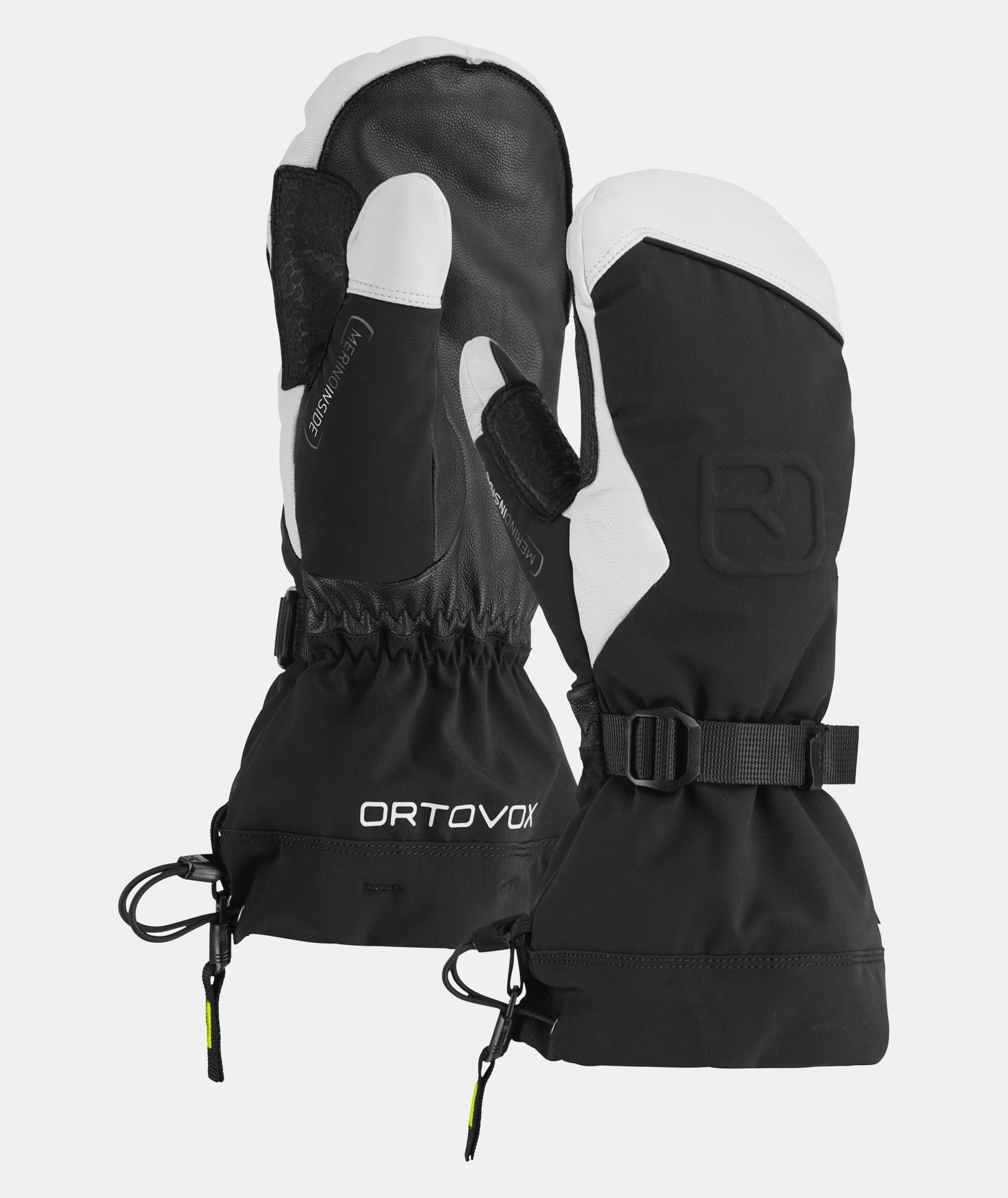 Ortovox Merino Fäustlinge Zwei Ortovox Merino Freeride Fäustlinge in Schwarz und Weiß, mit Gurt und Kordelzug.