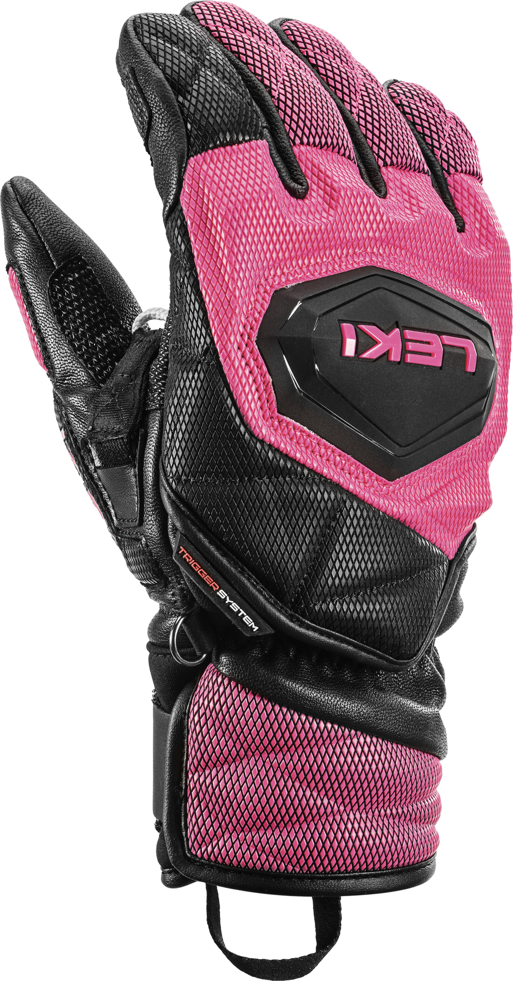 Nahaufnahme eines Leki WCR Venom 3D Junior Rennhandschuhs in Schwarz und Pink. Die Handfläche zeigt nach vorne.