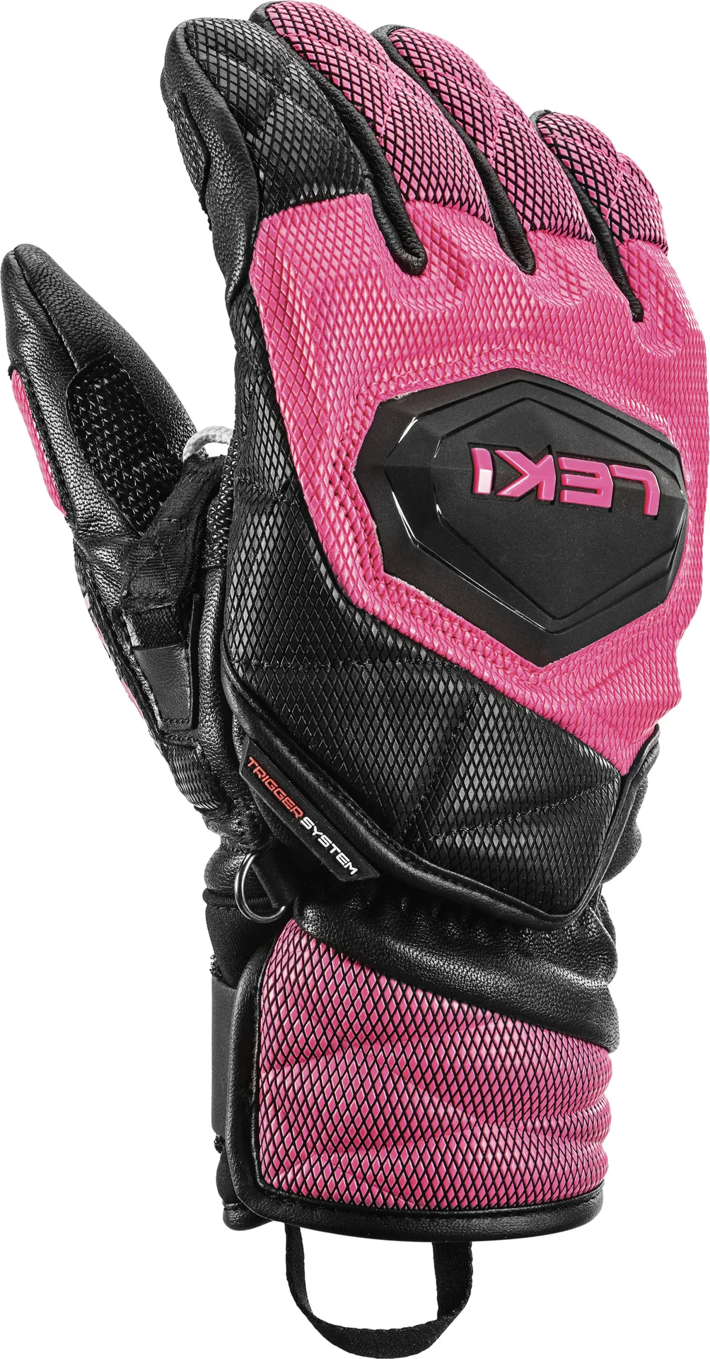 Nahaufnahme eines Leki WCR Venom 3D Junior Rennhandschuhs in Schwarz und Pink. Die Handfläche zeigt nach vorne.