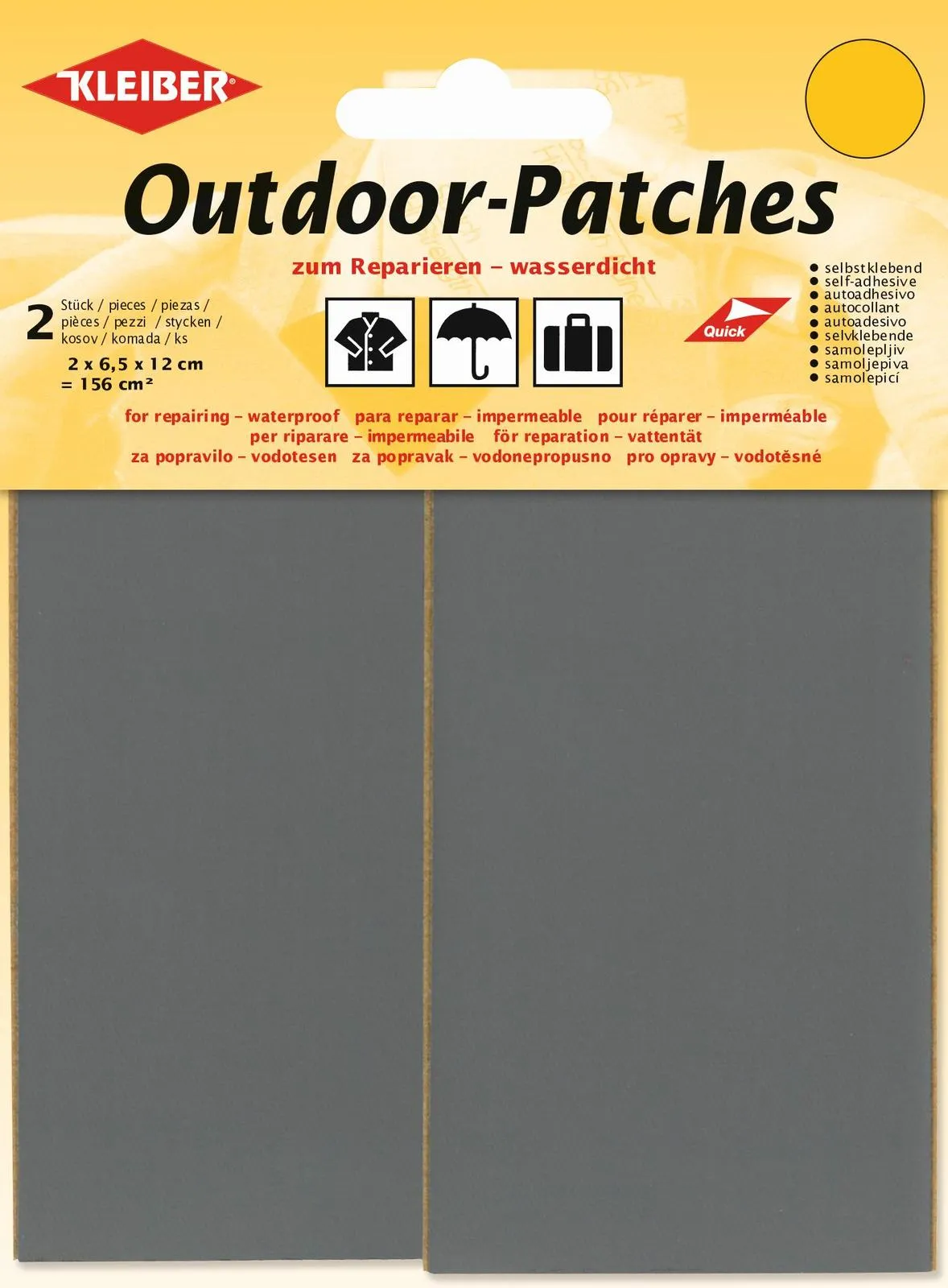 Verpackung Outdoor-Patches von Kleiber: selbstklebende, wasserdichte Flicken mit Piktogrammen für Kleidung, Regenschirm und Gepäck.
