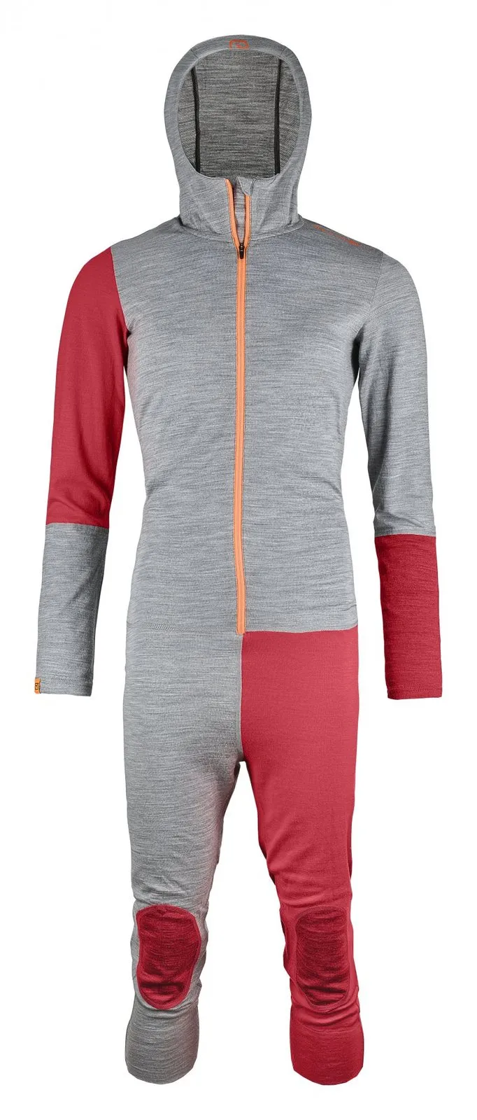 Grauer Merino Overall mit Kapuze und orangem Reißverschluss, Ärmel und Hosenbeine rot.