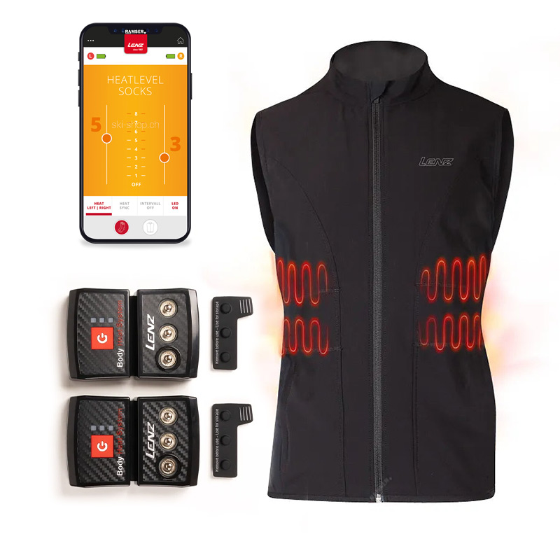 Lenz Heizweste 1.0 Set Abgebildet ist eine Lenz Heat Vest 1.0 Women RCB 2000 Set, mit Akkus, Ladegerät und Smartphone-App zur Steuerung der Heizstufen.