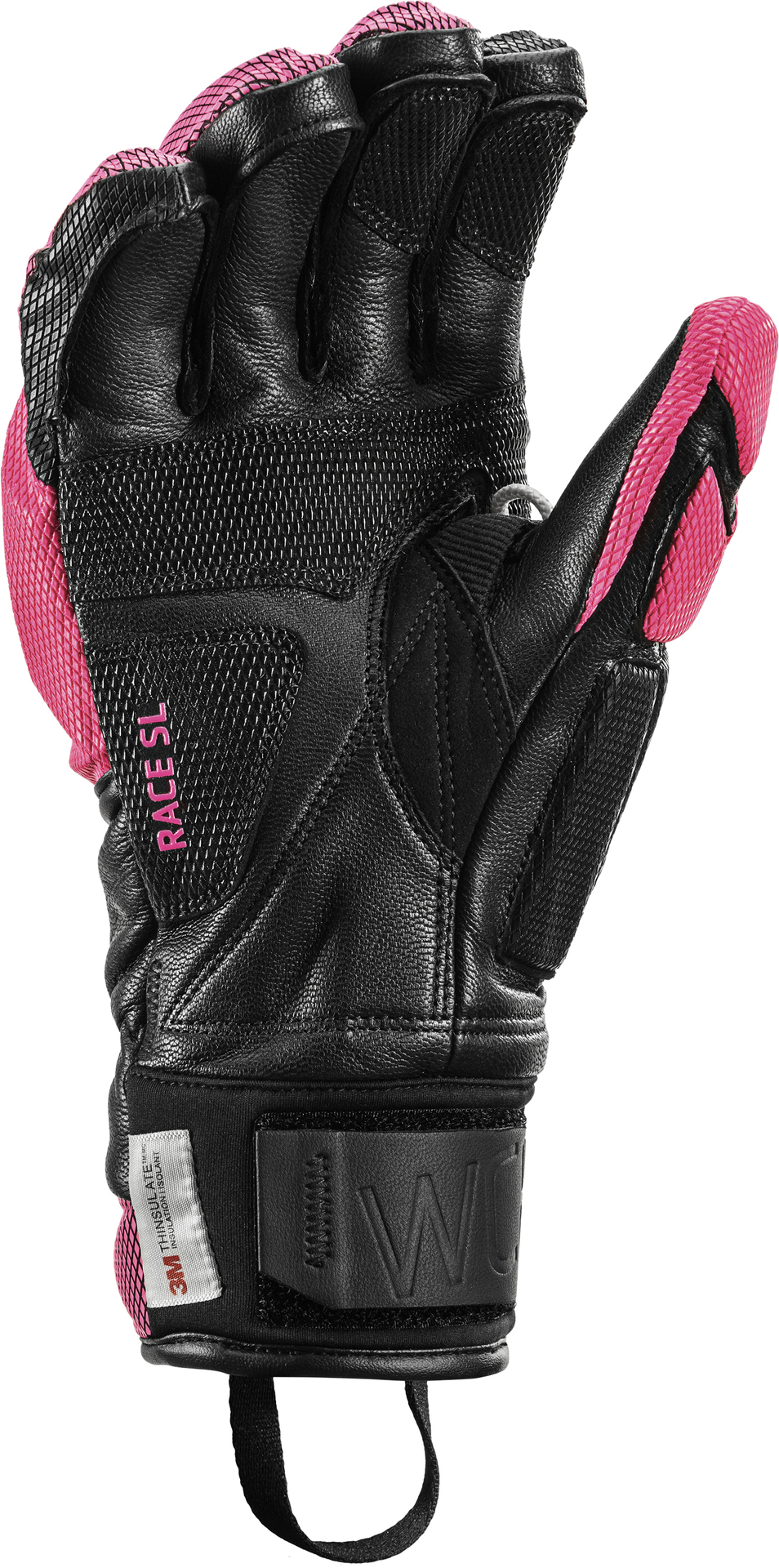Schwarzer Venom SL Handschuh Schwarzer Leki Venom SL 3D Handschuh mit pinken Details. Leder, Netzstruktur und Protektoren sind sichtbar.
