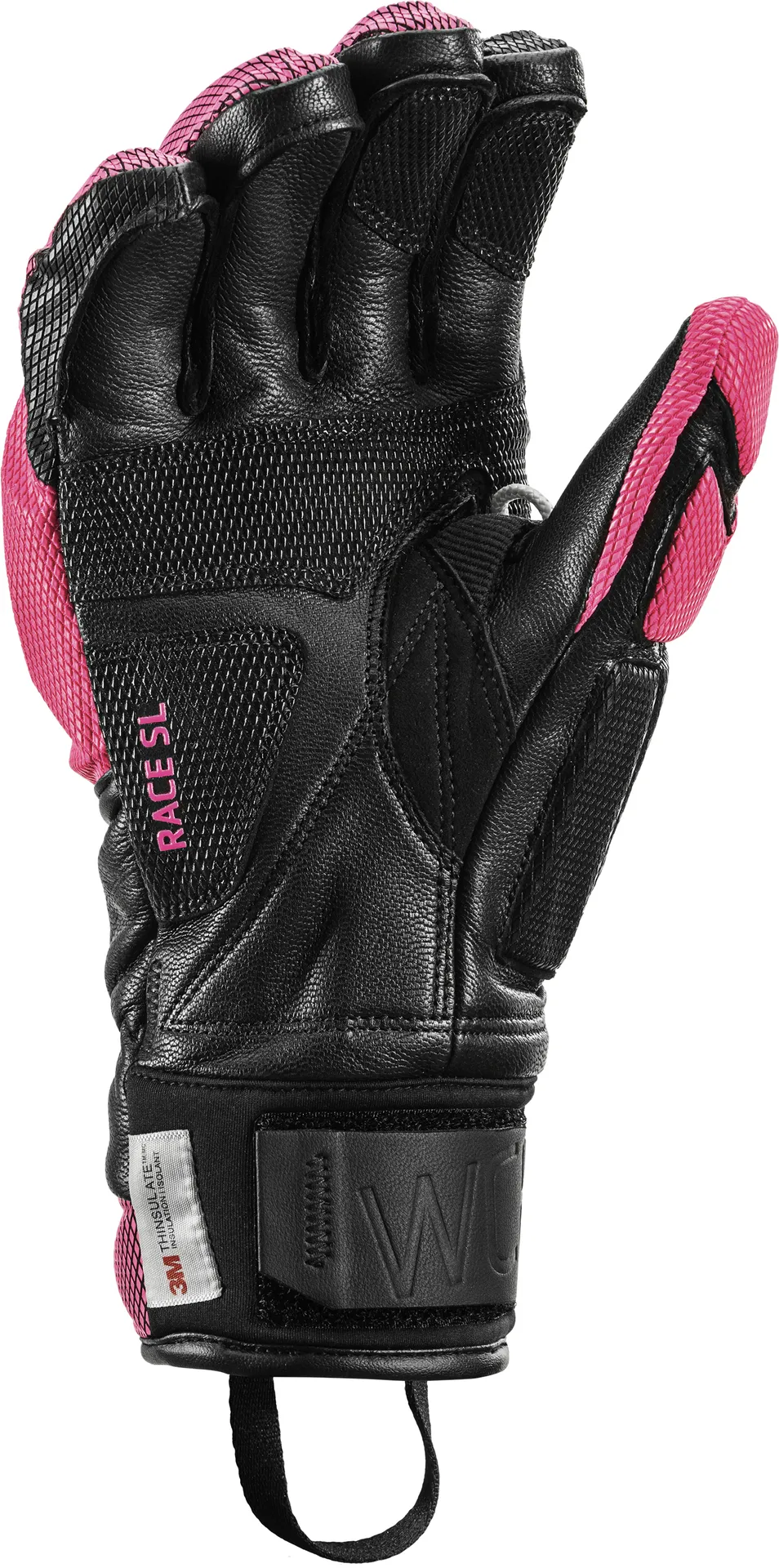Schwarzer Leki Venom SL 3D Handschuh mit pinken Details. Leder, Netzstruktur und Protektoren sind sichtbar.
