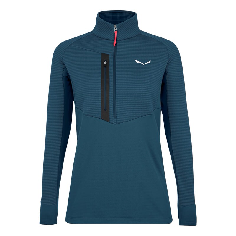 Marineblaues Salewa Fleece Marineblau-schwarzes Salewa Damen Fleece mit halbem Reißverschluss und Stehkragen. Brusttasche und Markenlogo auf der Brust.