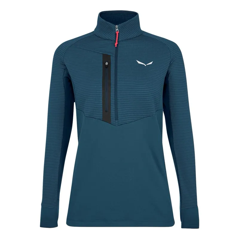 Marineblau-schwarzes Salewa Damen Fleece mit halbem Reißverschluss und Stehkragen. Brusttasche und Markenlogo auf der Brust.