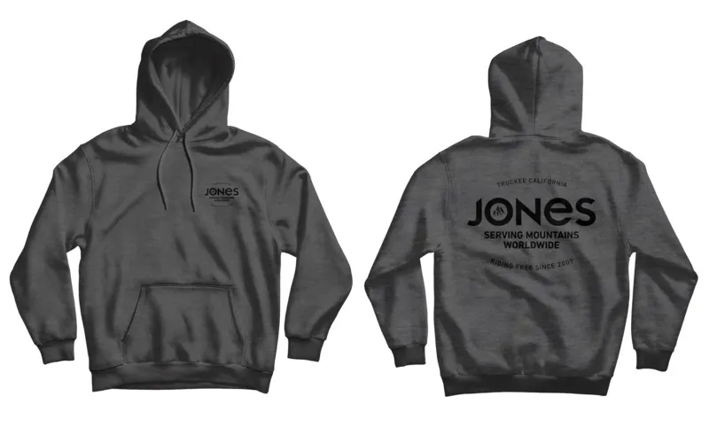 Grauer Jones Hoodie, Vorder- und Rückansicht, mit Branding auf der Rückseite.
