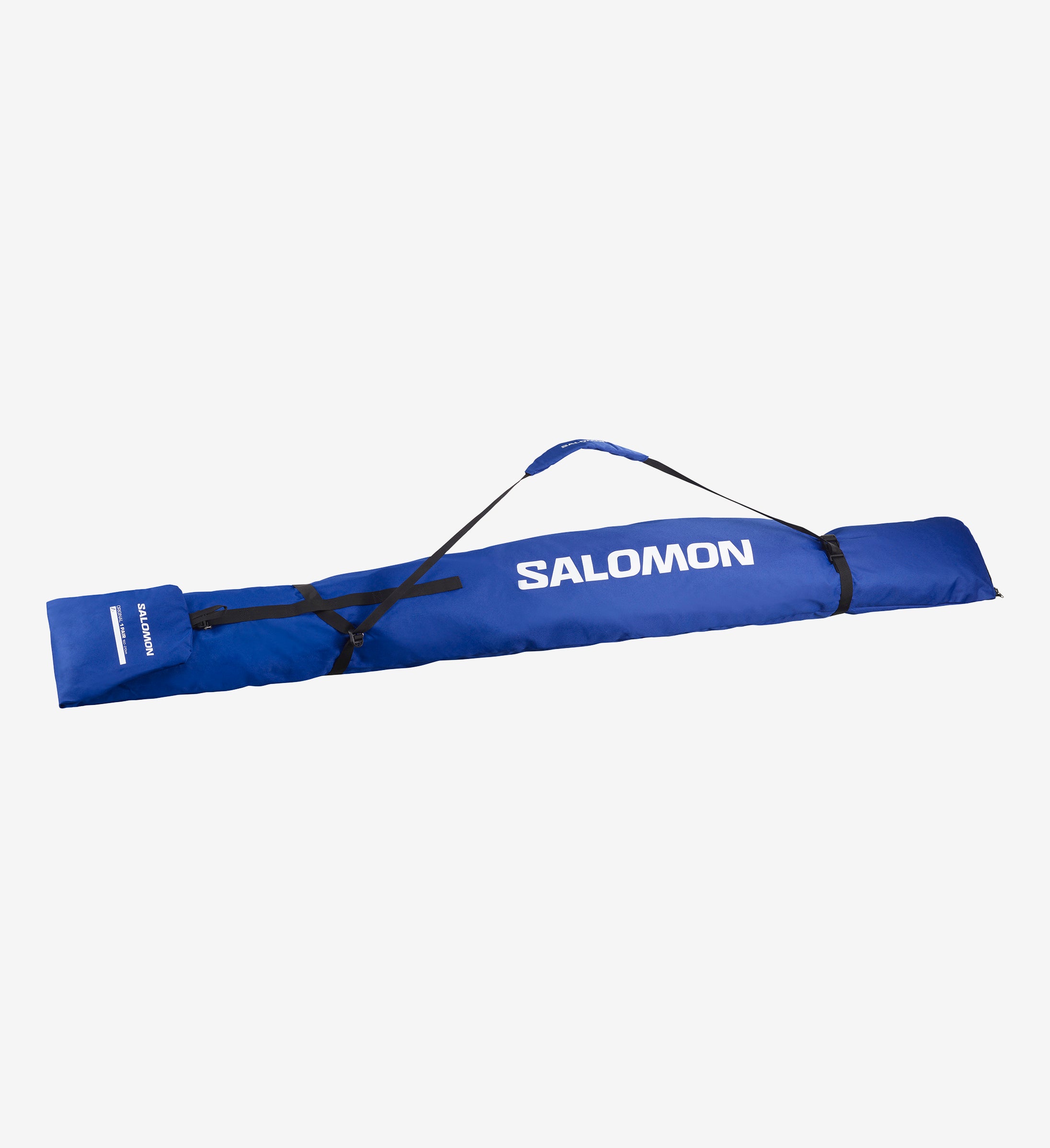 Blauer Salomon Skisack Blauer Salomon Skisack, liegend, mit Tragegurt und weißem Logo.
