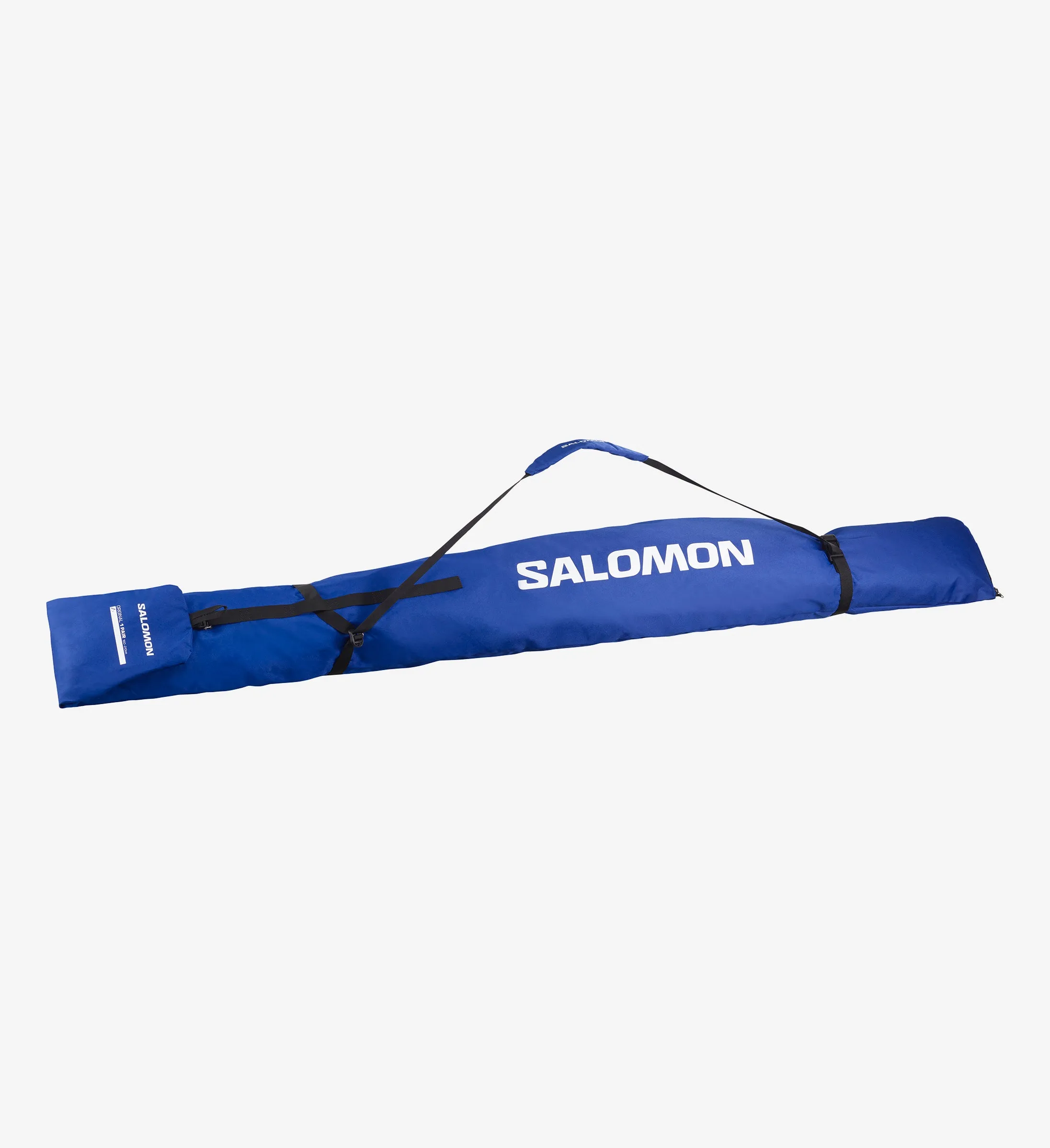 Blauer Salomon Skisack, liegend, mit Tragegurt und weißem Logo.