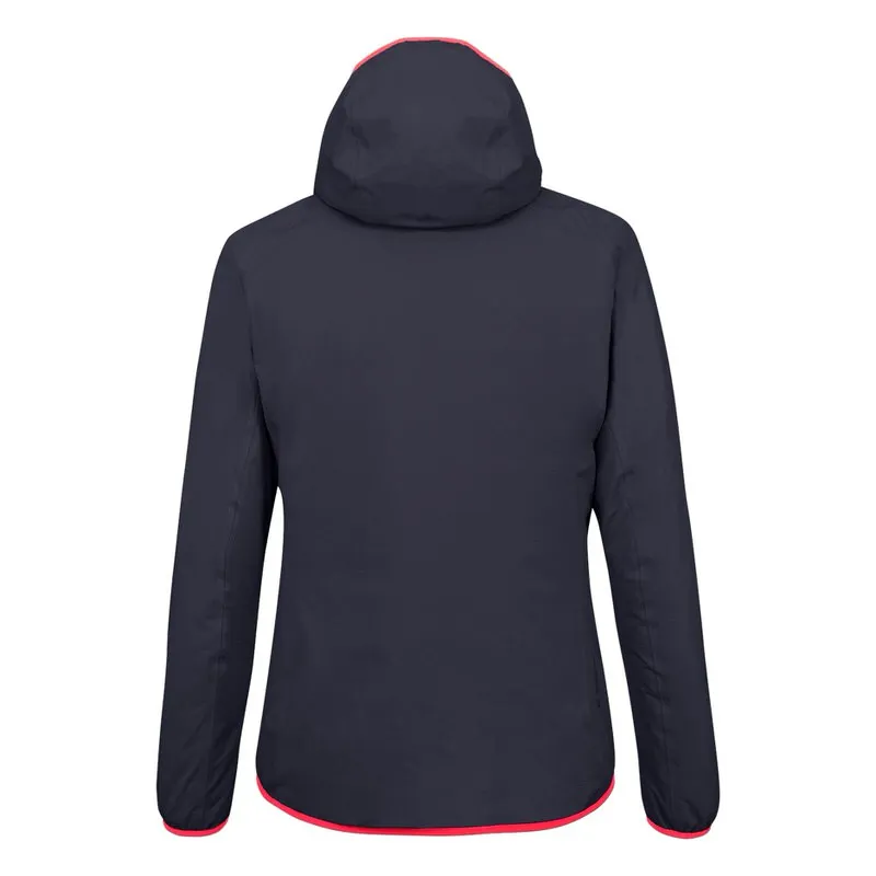 Navy Puez Light Powertex Jacke von hinten mit Kapuze und roter Umrandung an Kapuze und Saum.